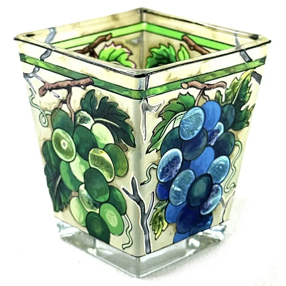 Amia Studios Hand Painted Glass Grape Votive Candle Holder Square 3”